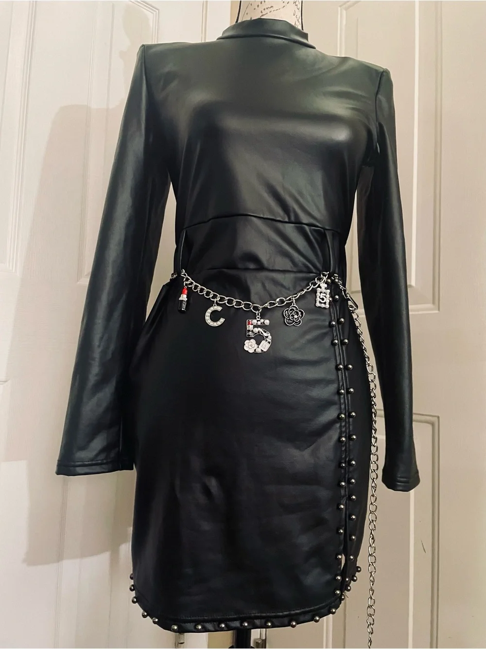 Black Crystal Charm Chain Belt for Women